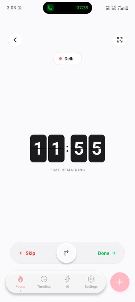 Plany focus mode with flip-clock timer and Delhi location tag