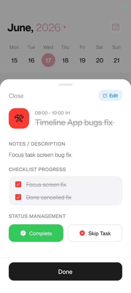 Plany task detail with checklist progress and complete actions