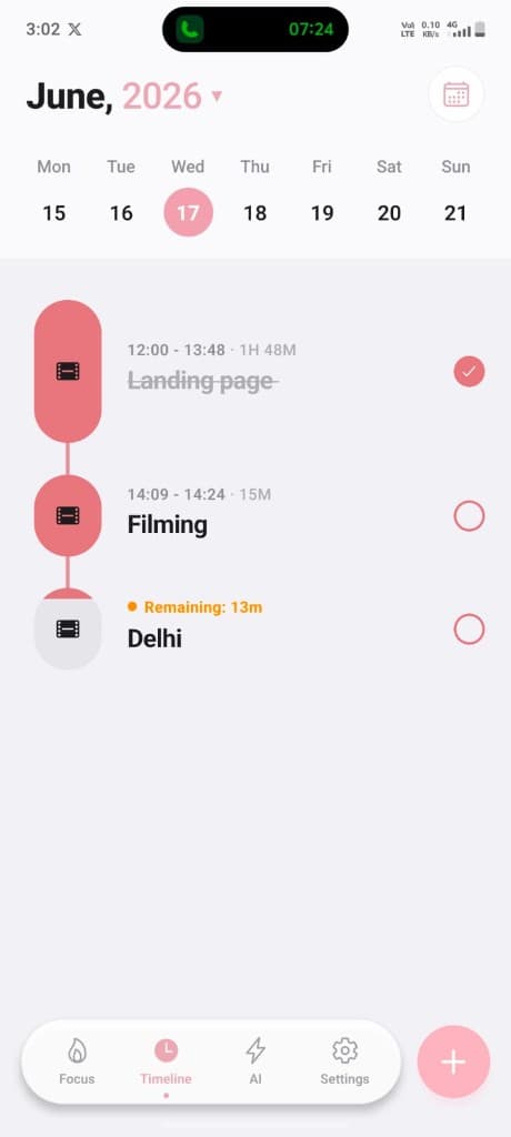 Plany live timeline with filming task and Delhi location reminder