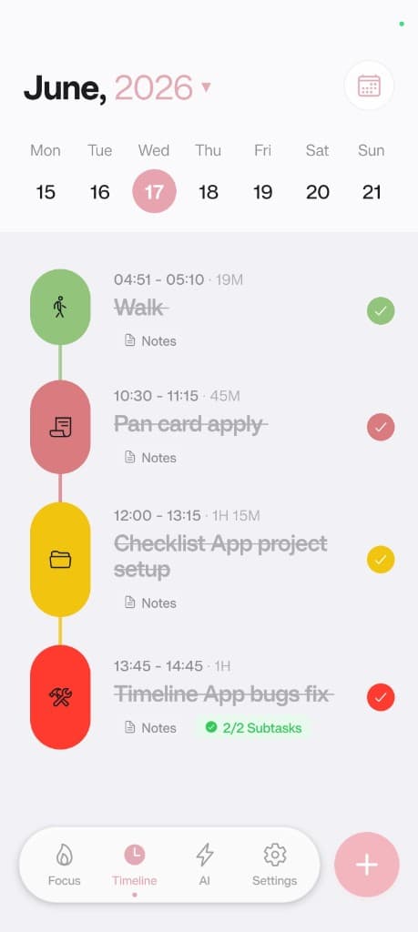 Plany timeline with Walk, Pan card apply, and daily tasks on a color-coded schedule