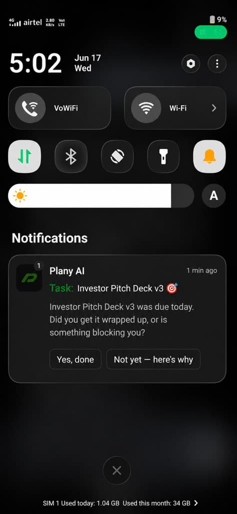 Plany AI Normal tone notification for Investor Pitch Deck v3 with a friendly check-in